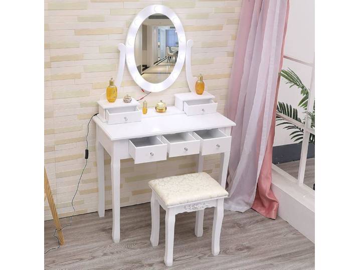 Coiffeuse avec Miroir et Lumières LED Réglables Coiffeuse avec 5 Tiroirs Table de Maquillage avec Tabouret -Blanc