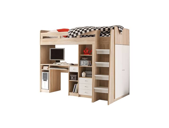 Hochbett mit Schreibtisch 90 x 200 cm Eiche - weiß Kinderbett - UNIT