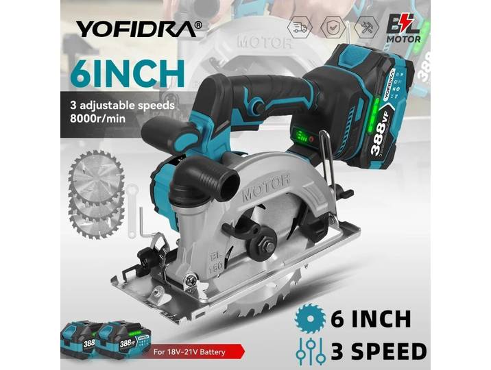 Scie circulaire électrique sans fil YOFIDRA 6 pouces (150 mm) avec affichage numérique, outil de coupe pour le travail du bois, compatible avec la batterie Makita 21V.
