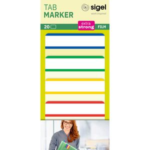 Sigel Haftmarker Tab Marker, HN202, transparent, Folie, beschriftbar, 4 x 5 Streifen, farbsortiert