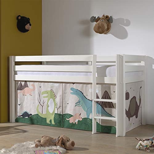Vipack halfhoog bed PINO met textielset Dino, massief beuken, wit gelakt, 90 x 200 cm