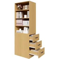 MODFU Standregal aus Spanplatte in Eiche, 60x38x180 cm, mit 3 Seitenschubladen und 4 Fächern