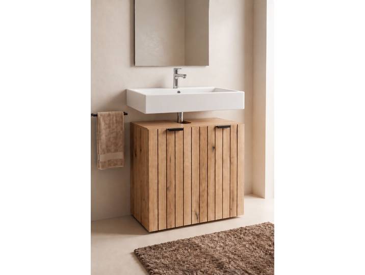 Waschbeckenunterschrank GOODPRODUCT Baltrum , braun (evoke, eiche), B:60cm H:60cm T:41,6cm, FSC-zertifizierter Holzwerkstoff, Schränke, Waschbeckenunterschrank, Breite 60 cm dekorative Lamellenoptik