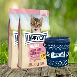 Happy Cat Minkas Junior Care Geflügel 2 x 10 kg + Happy Dog Futtertonne 20 Liter geschenkt