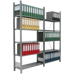 PROREGAL Aktenregal FALKE Stecksystem für Standard-Ordner | Grundregal | HxBxT 200x128x30cm | 5 Ordnerebenen | Fachlast 80kg | Einseitig nutzbar