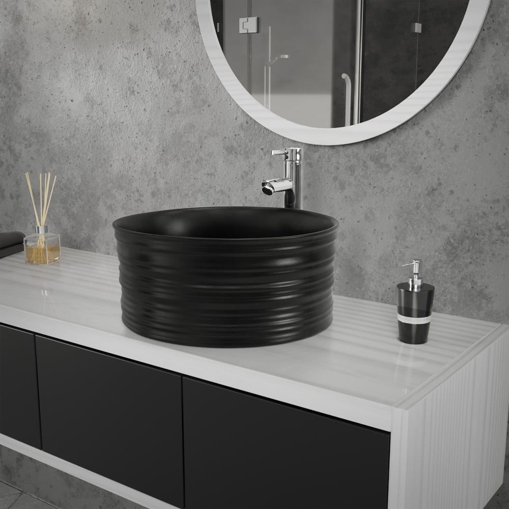 ML-Design Lavabo negro redondo lavamanos cerámica con desagüe cromado