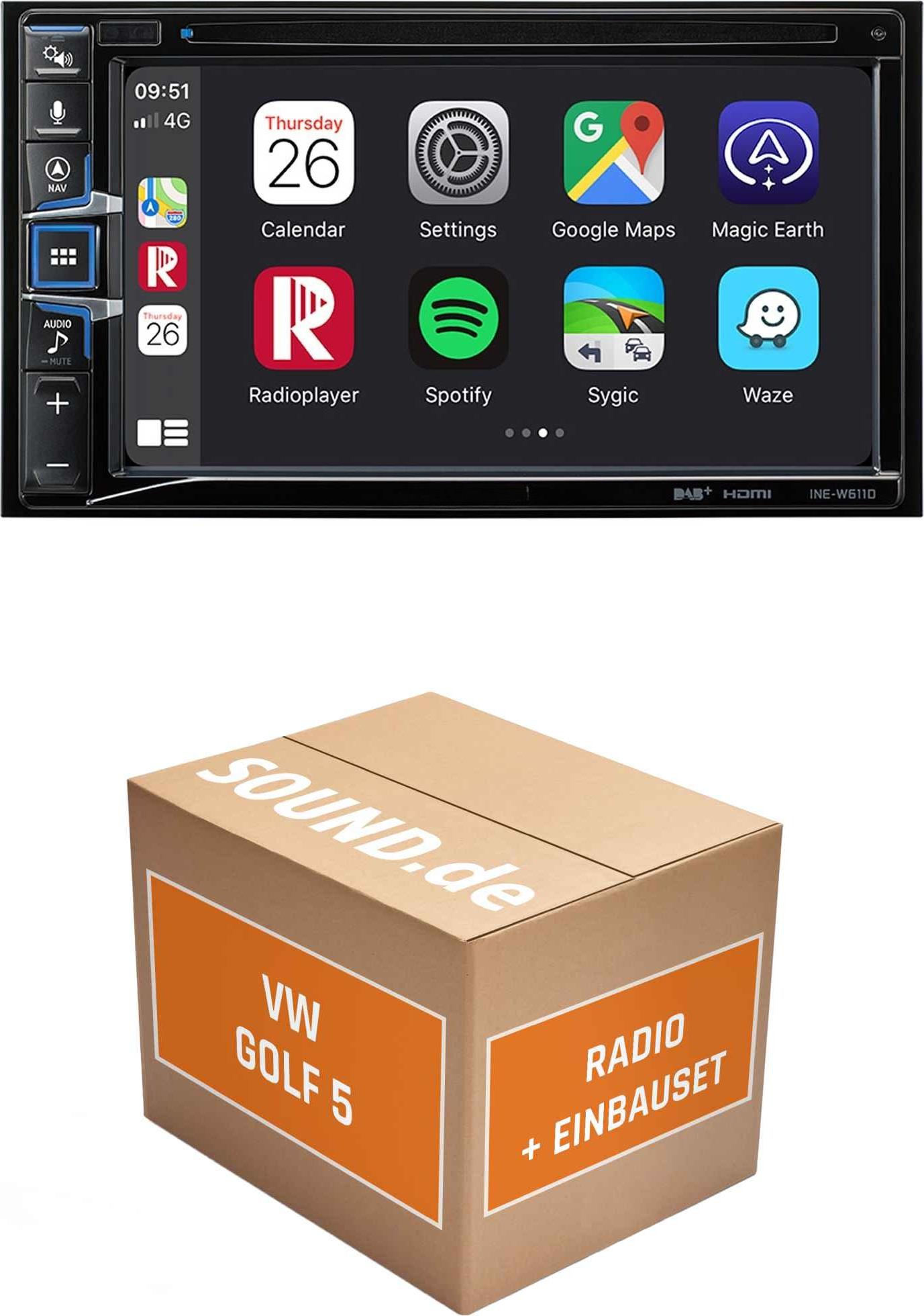 Autoradio Einbaupaket Alpine INE-W611D passend für Golf V mit Dynaudio System | Navigationssystem CD-/DVD-Laufwerk