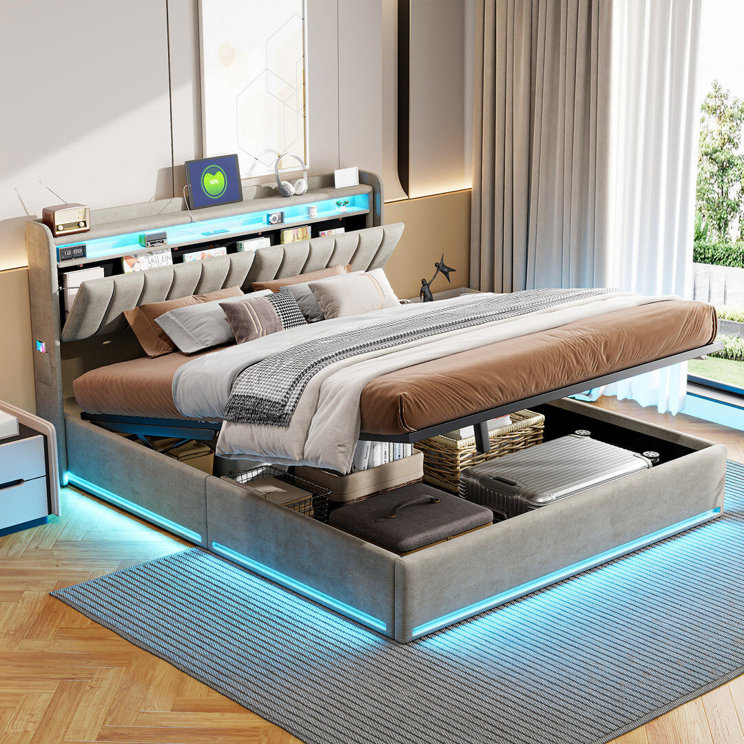 Ivy Bronx Upholstered Velvet Lift Up Storage Bed Grey European Kingsize (160 x 200 cm)