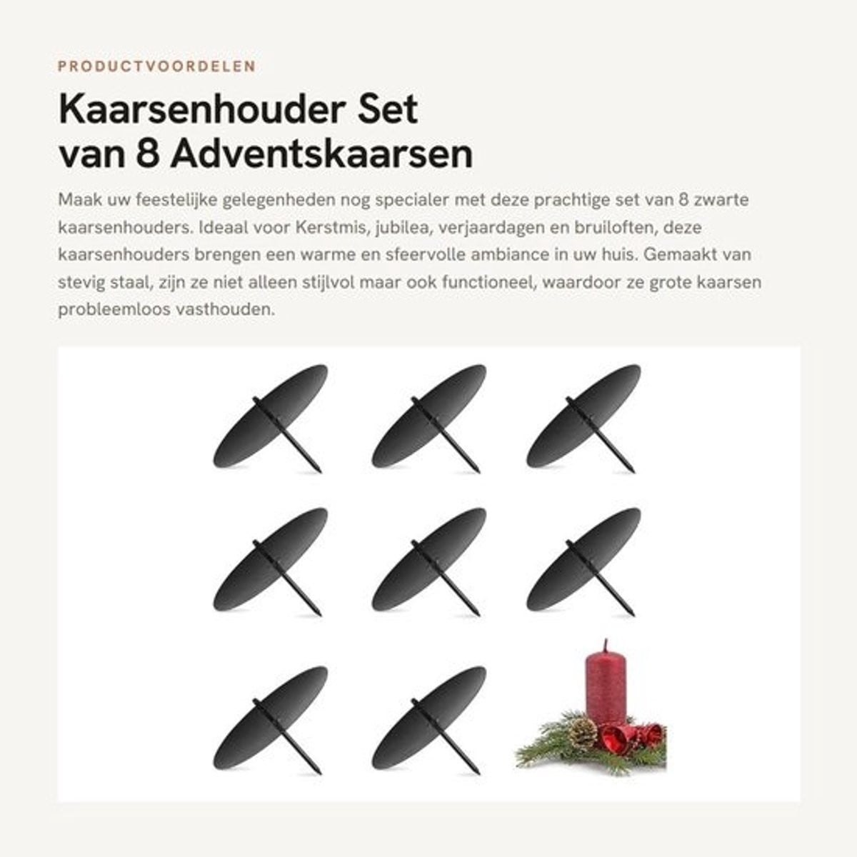 Dailygoods Kaarsenhouder set van 8 - Adventskaarsen - Zwart metaal - Diameter: 8 cm