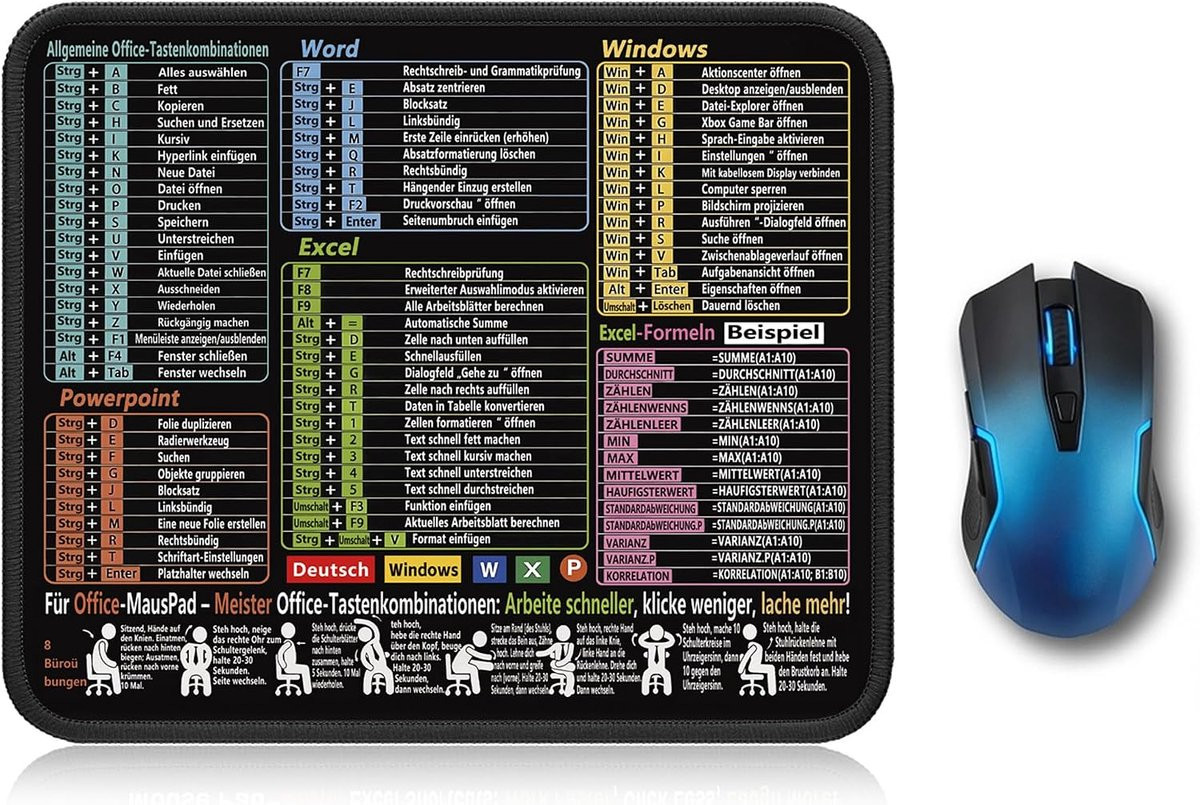 Muismat met Excel en Word sneltoetsen (Duits), Bureauonderlegger, 300 x 250 x 0,3 cm