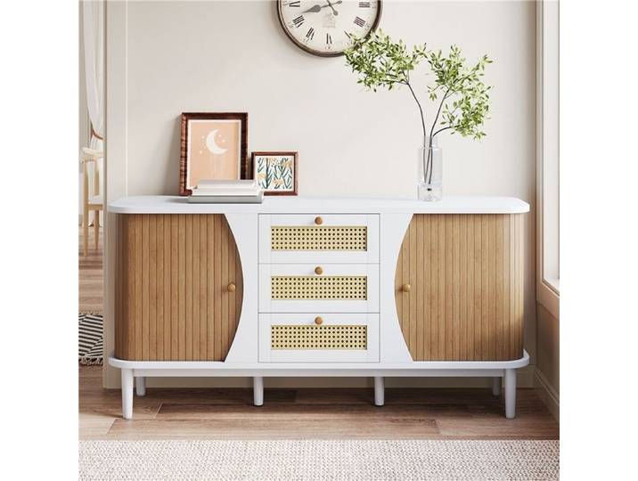 Buffet en rotin avec portes coulissantes et tablettes réglables