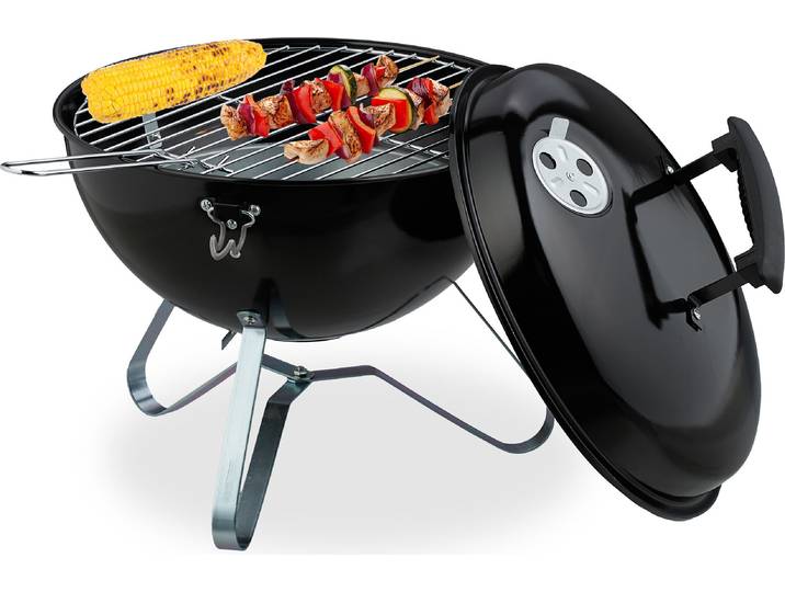 Relaxdays Kugelgrill, tragbar, Ø 37 cm, Picknickgrill für Garten & Park, Holzkohlegrill mit Deckel, Rundgrill, schwarz