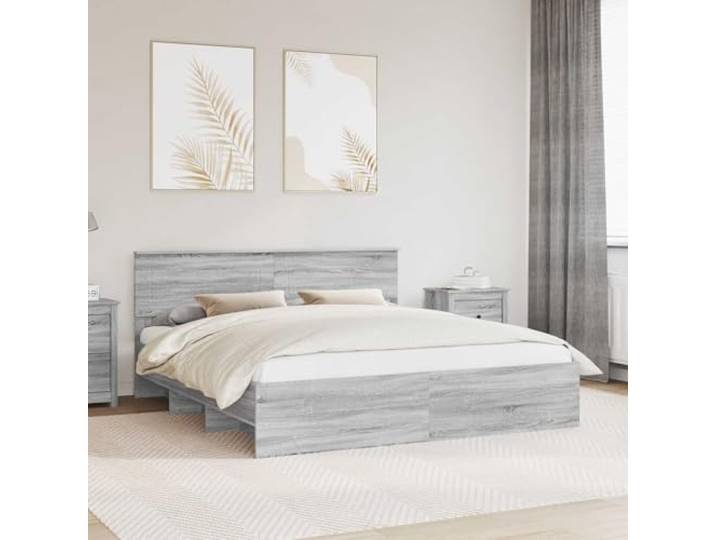 RJPLMFV Bettgestell, Grau, Sonoma, 200 x 200 cm, Holz, Technik Mit integriertem Kopfteil, modernes Design, leicht zu reinigen, für Hauptschlafzimmer