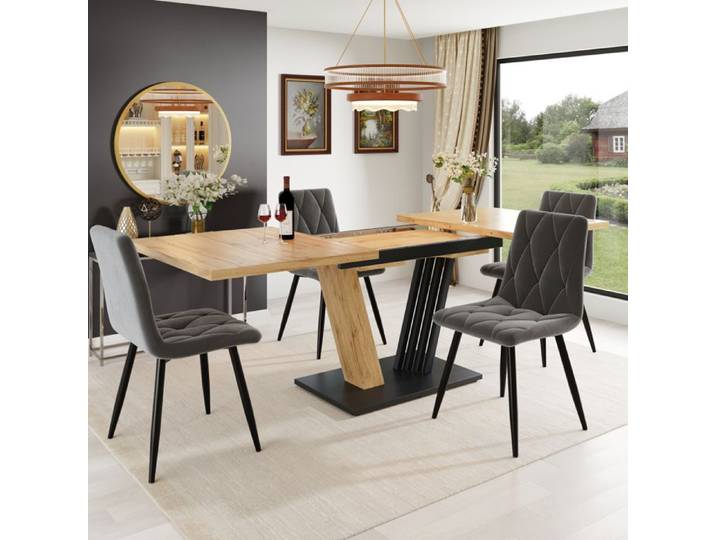 COVREO Ensemble table à manger extensible 120-160 cm avec 4 chaises en velours gris