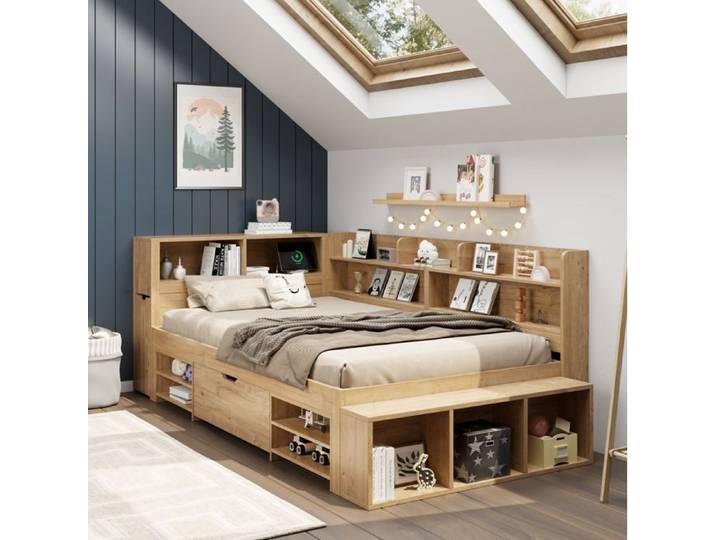 Lit combiné enfant simple 90×200 cm rangements et recharge sans fil - HAVRYA - sans matelas contreplaqué naturel