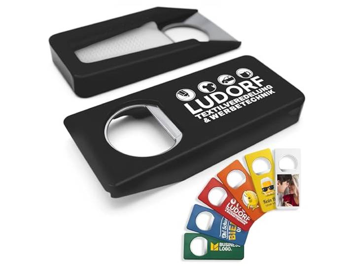 #teamludorf Personalisierte Flaschenöffner mit Verschluss (100 Stück, Schwarz) – Mit eigenem Foto, Logo & Text bedruckbar – Nachhaltig aus Recycling-Kunststoff