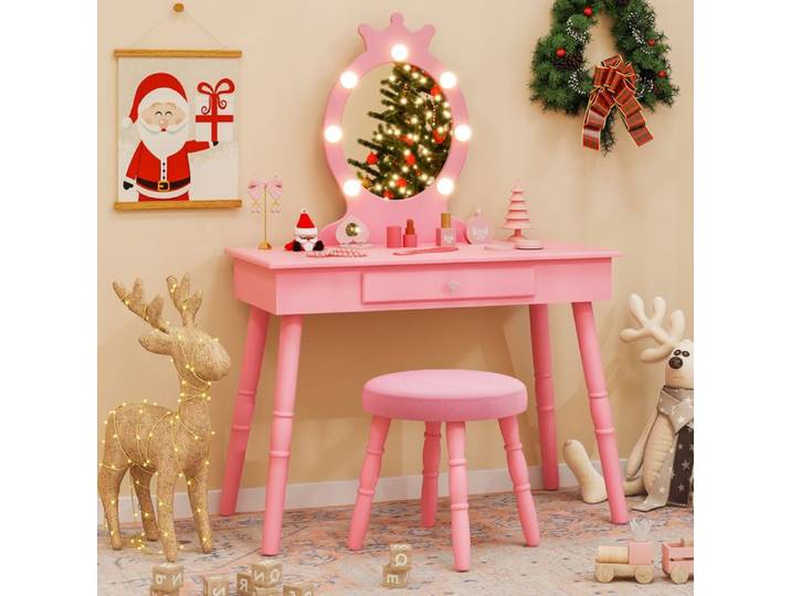 GOPLUS Ensemble de Coiffeuse pour Enfants Miroir Amovible avec Lumières LED à Intensité Variable en 3 Couleurs Rose