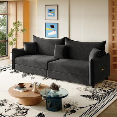 Loedds 81.9-Inch Velvet King Pull-Out Sofa Bed with Metal Arm Trim and 3 Pillows