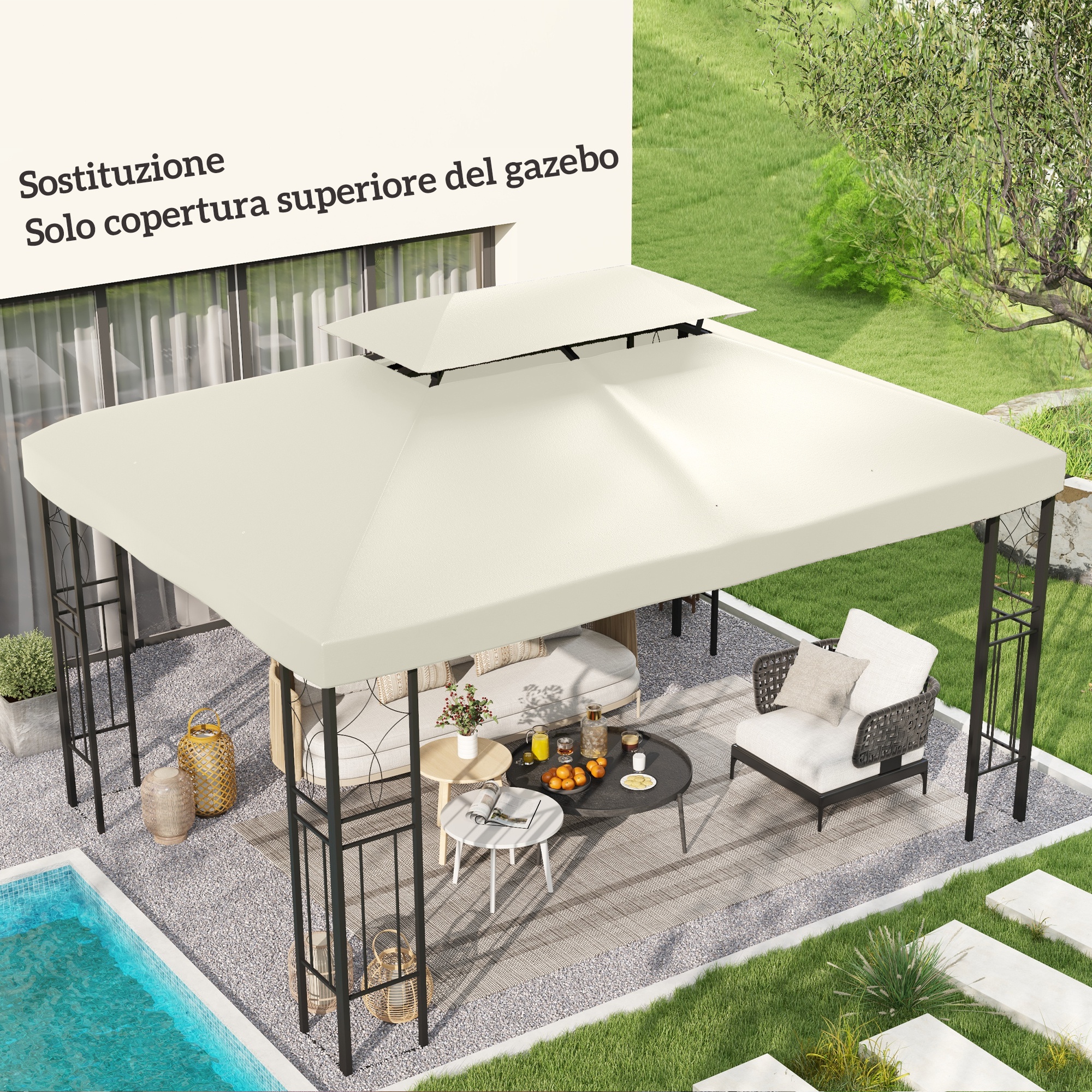 Outsunny Copertura per Gazebo da Giardino Tetto Sostitutivo Anti-UV Impermeabile in Poliestere 3x4m Beige