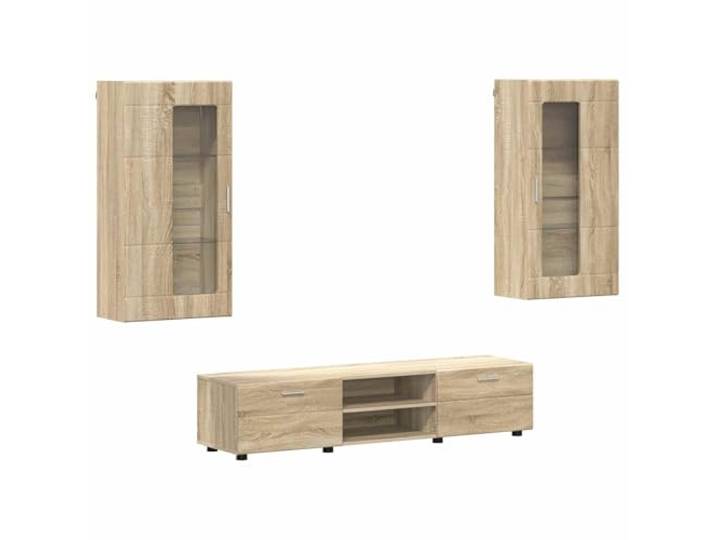 TV Schrank Set mit Schubkasten, Sonoma Eiche, 3 Teile Matt Finish, Ablage, Für Modern Innenraum, Einfache Reinigung