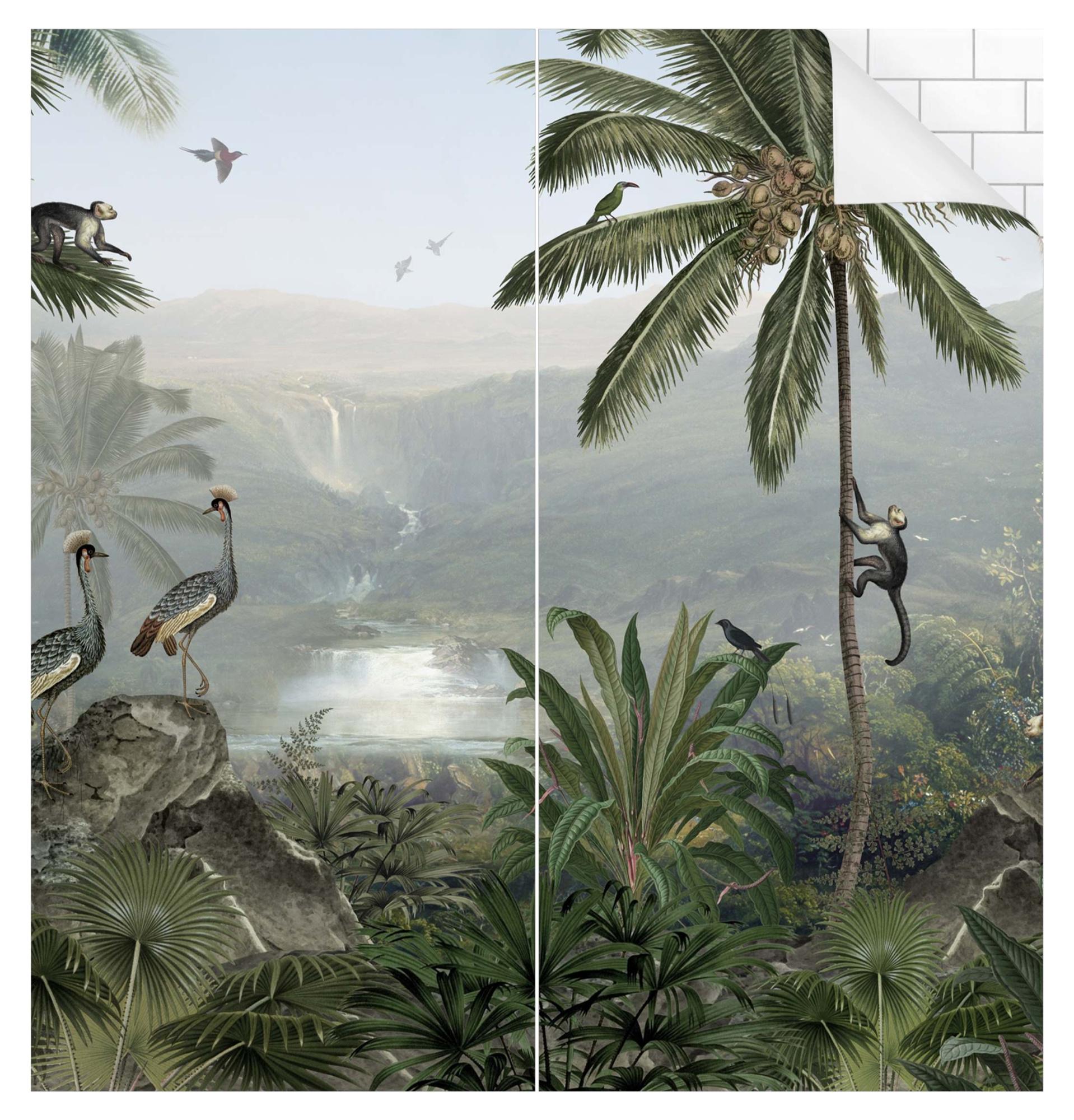 Duschrückwand Wald selbstklebend - 0.35 mm Wandpaneel wasserfest Dschungel grün Tropisch Badrückwand fugenlos Smart matt 110x210 cm