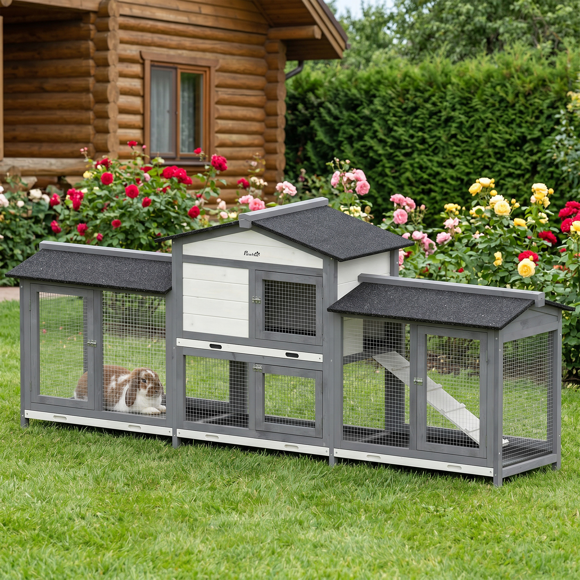 Pawhut Conigliera a 2 piani in legno con recinto e vassoio estraibile, 230x53x93,5 cm   Aosom Italy