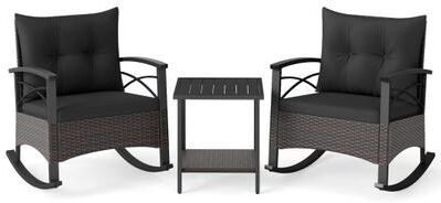 Costway 3 Piece Rocking Bistro Set PE Rattan Rocker Chairs with Acacia Wood Top Table-Black