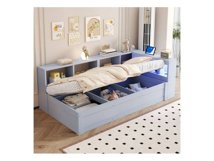 REDOM Schlafsofa Kinderbett Stauraumbett, integrierter Steckdose & hydraulischem Stauraum, ohne Matratze, Daybett Holzbett 90X200 cm