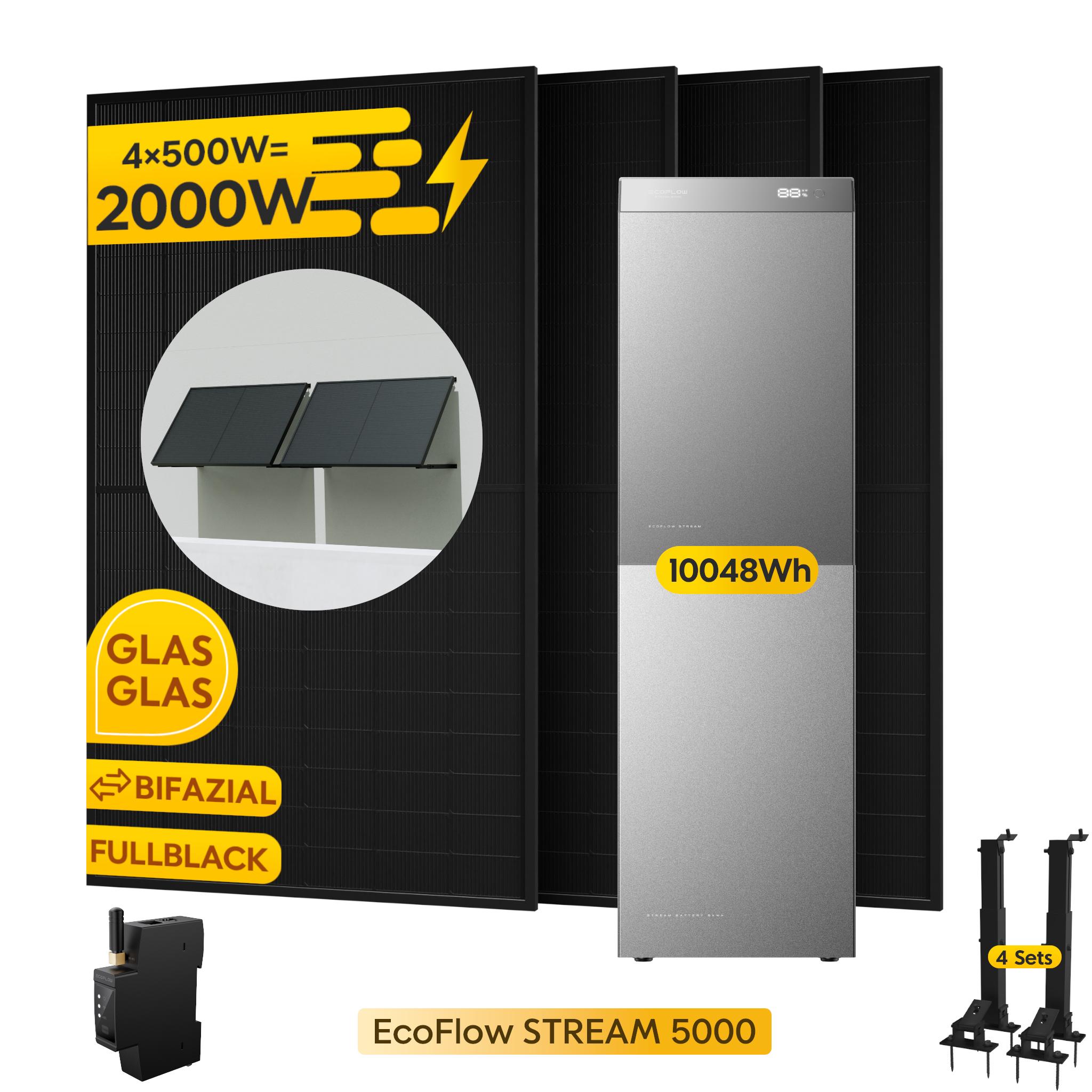 EcoFlow STREAM 5000 Speicher 5024Wh & EB 5000 Zusatzbatterie & 4x 500W Module & Smart Meter & 4x Fassaden/Flachdach Halterung 0% VAT
