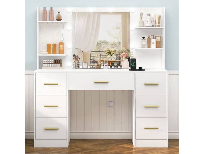 TEENFON Coiffeuse avec miroir et station de charge Coiffeuse avec 7 tiroirs 4 étagères 107X40X140cm blanc