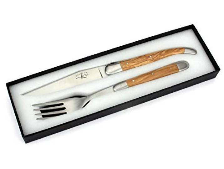 Forge de Laguiole - Steakmesser und Gabel je 1x im Set - Griff Olivenholz - Besteck Frankreich - Stahl satiniert