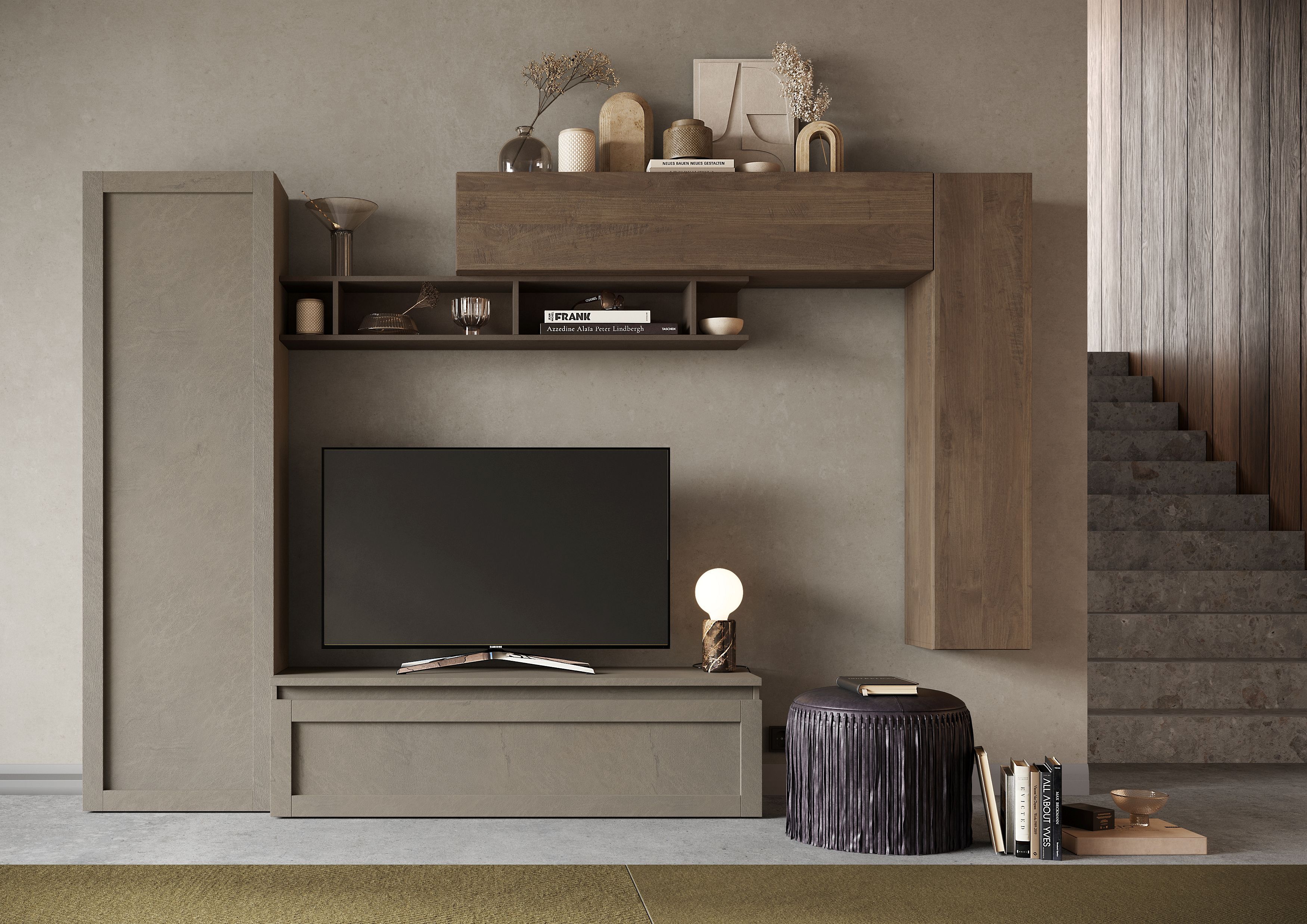 Wohnwand HOME AFFAIRE "Infinity, 5tlg. Breite 280 cm, Schrankwand, Anbauwand", braun (lehmfarben (argilla), bronzo, mercure nb holzstruktur), B:280cm H:186cm T:40cm, Kastenmöbel-Sets, Wohnwand, (Lowboard, Hochschrank, 2x Hängeschrank, Wandregal) lehmfarbe