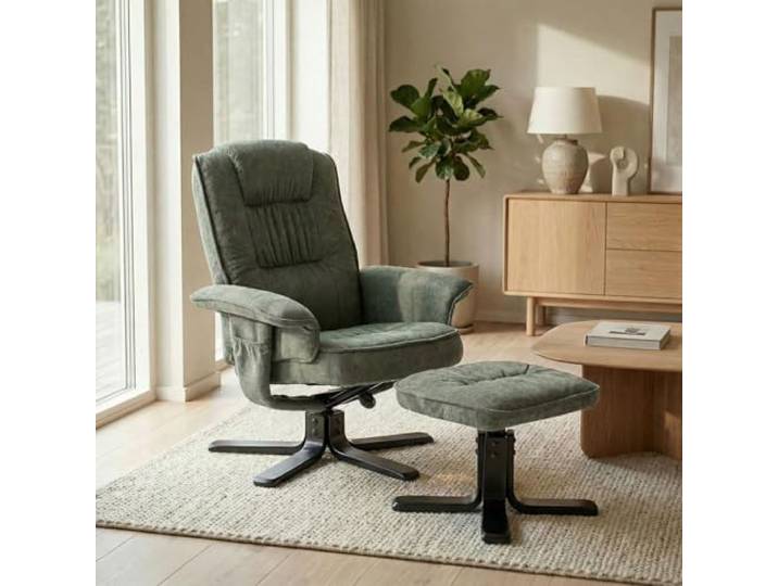 IDIMEX Relaxsessel Charly mit Hocker drehbar neigungsverstellbar grün [Max. Belastbarkeit 100 kg] für Wohnzimmer, TV-Sessel Fernsehsessel mit Liegefunktion Polstersessel und Hocker