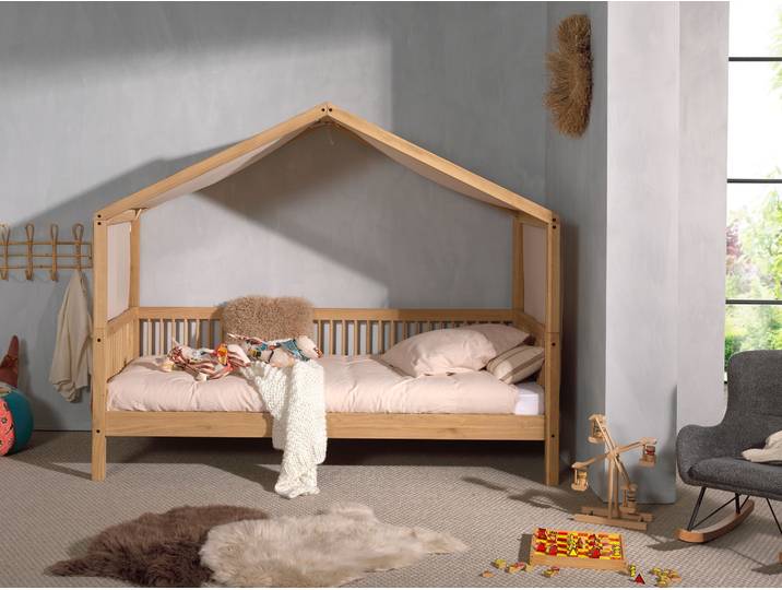 Hausbett VIPACK, braun (eiche natur geölt, eiche natur geölt, eiche natur geölt), B:97,5cm H:170cm L:207,5cm, Textilhimmel 100% Baumwolle, Betten, Hausbett, aus massiver Eiche geölt, LF90x200 cm, mit Textilhimmel