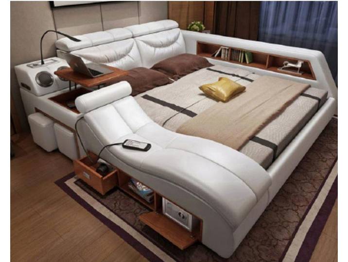 Xlmoebel Multimediabett Gepolstertes Lederbett mit Multifunktionsregal und USB-Anschluss (Multimediabett, 1-tlg., Multifunktions Bett), Hergestellt in Europa
