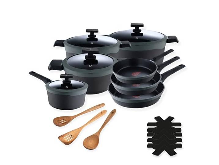 MasterPRO Gastro Reeco - Kochgeschirr-Set aus Aluminiumguss - 3 Pfannen 28, 24 und 20cm - 1 Schöpflöffel 16cm - 3 Bratpfannen 28, 24 und 20cm - 3 Küchenutensilien und 1 Pfannenschoner