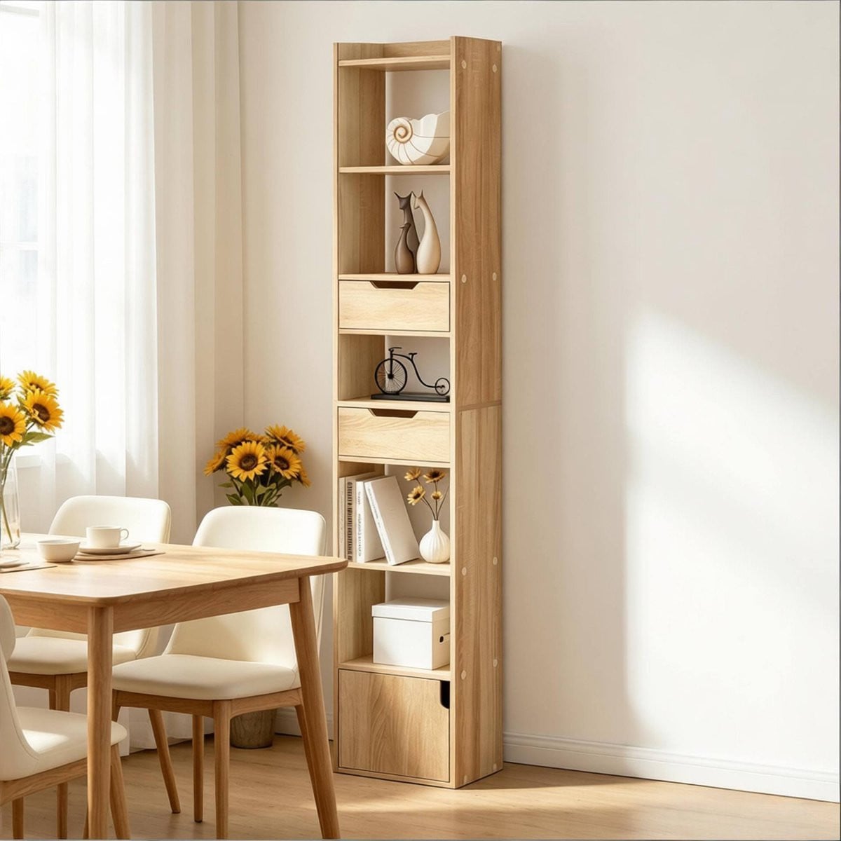 MODFU Boekenkast en opbergrek, hoge smalle kast, licht eiken