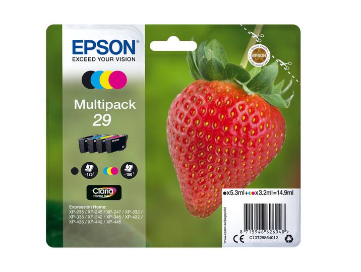 Epson Strawberry Multipack 'Fraise' 29 - Encre Claria Home N,C,M,J, Noir, Cyan, Magenta, Jaune, 5,3 ml, 3,2 ml, 1 pièce(s), 175 pages, Multi pack C13T