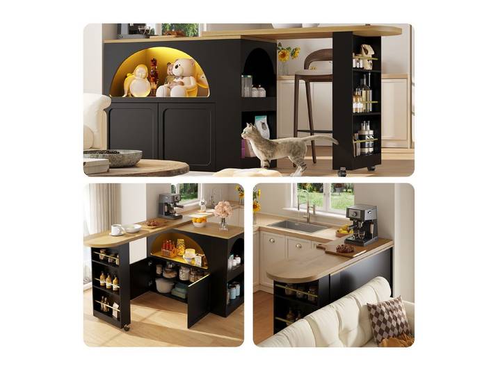 Fine Life Pro Sideboard Bar-Tisch schwarz, ausziehbar 135-205 cm, LED, teleskopisch