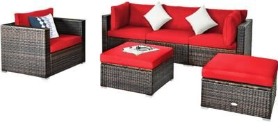 Costway 6 Pcs Patio Rattan Furniture Set with Sectional Cushion-Red