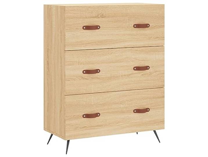Foknhdi Kommode mit 3 Schubladen Sonoma-Eiche 69,5x34x90cm Holzwerkstoff Stabiler Schubladenschrank mit Metallfüßen und Kippschutz für Schlafzimmer, Wohnzimmer und Flur.