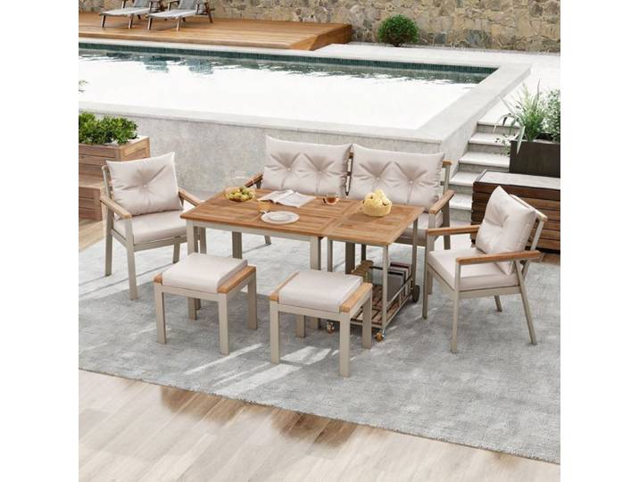 Salon de jardin - SOGEU - Salon De Jardin 7 Places - Bois d'acacia massif & métal - Coussins déhoussables beige