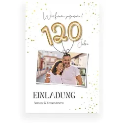 Einladungskarte Geburtstag: Goldene Ballons mit Foto in Weiß