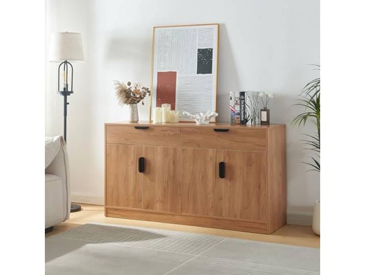 [en.casa] Sideboard Varkaus Wohnzimmerschrank mit 4 Türen und 2 Schubladen TV-Schrank Mehrzweckschrank 75x140x40cm Aufbewahrungsschrank MDF Eichenoptik