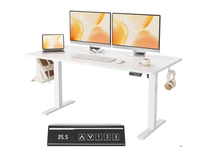 160cm Bureau Électrique Réglable Table Informatique Hauteur Variable avec 3 Positions Mémoire Crochets Latéraux pour Bureau Salonl