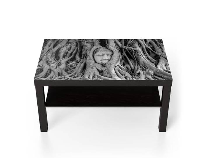 DEQORI Glastisch schwarz groß 90x50 cm Motiv Buddha in Wurzeln ausgefallener Beistelltisch aus Glas Hochglanz Couchtisch fürs Wohnzimmer moderner Couch Tisch mit Design