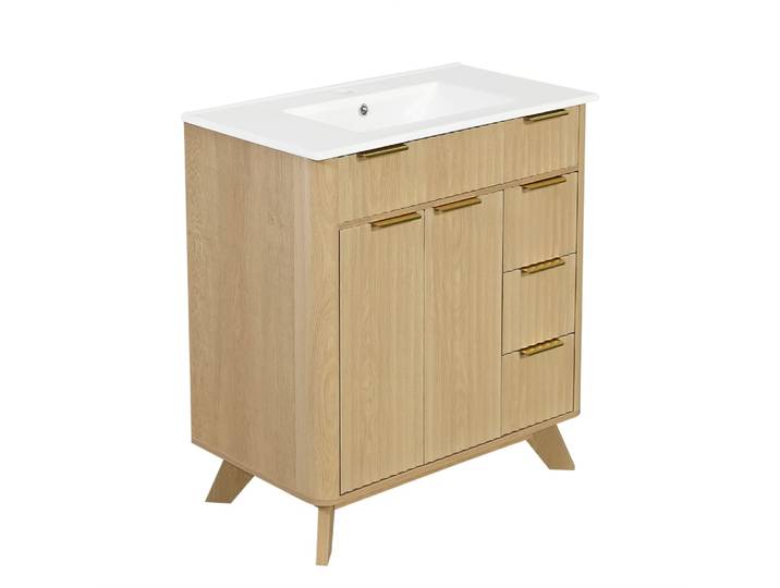 Meuble sous-vasque 81 cm bois naturel, façade ondulée et vasque