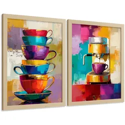 POSTER 2er Set Küchen-Wandbilder Kaffeetassen und Espressomaschine Pop Art Bunt Esszimmer Wanddeko Rahmenlos A3