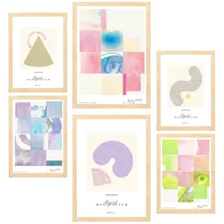 POSTER Set Mit 6 Pastellfarbene Abstrakte Kunst A3 & A4 Rahmen Aus Hellem Holz