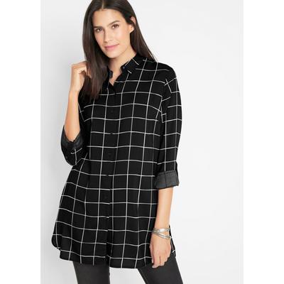 Longbluse BONPRIX "Karierte Longbluse mit Taschen", Damen, Gr. 46, schwarz (schwarz, wollweiß kariert), Obermaterial: 100% Viskose, figurumspielend, Blusen Longbluse, figurumspielende Passform, mit Karomuster, aus Viskose
